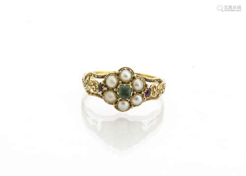 A Georgian posy ring, having a six pearl cluster centred with a square cut emerald and a small