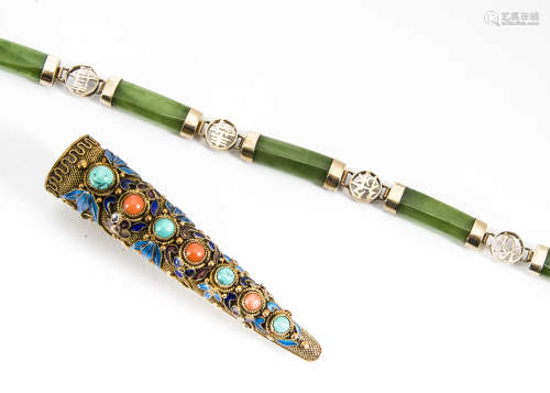 A Chinese silver gilt enamel, coral and turquoise set finger ornament, converted to a brooch,
