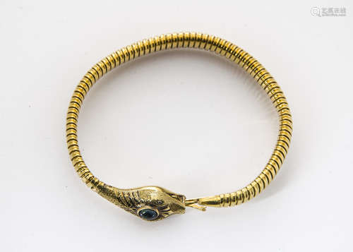 A continental gold, diamond and sapphire serpent bracelet, the worked serpent head set with rose cut