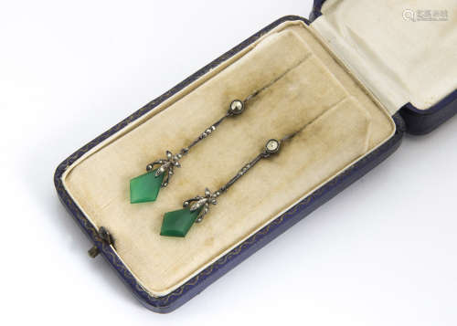 A pair of marcasite and green paste stylised floral drop earrings, marked 925 to back in case