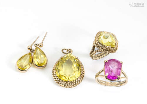 A 9ct gold suite of synthetic yellow sapphire jewels, comprising pear shaped cut rope set pendant,