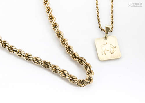 A 9ct gold rope twist necklace, and a 9ct gold Taurus pendant and rope twist chain, 22g