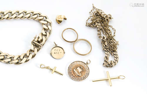 A collection of gold, including two 22ct gold wedding bands, 3.9g, two continental gold crosses, one