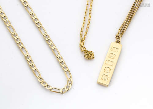 A modern 9ct gold ingot pendant on chain, together with a 9ct gold flattened link chain and a 9ct