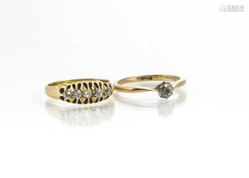 An 18ct gold five stone diamond ring, the old cut stones in claw setting, approximate ring size I,