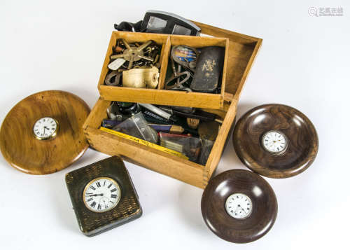 A small group of watch repairing tools and keys in oak box, together with three timepieces in wooden