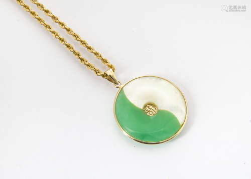 A modern jade and mother of pearl pendant, on 18ct gold rope twist chain with 9ct gold clasp, 7.9g