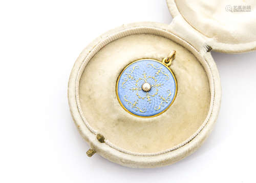 An Edwardian gold and enamel seed pearl circular locket, in fitted J C Vickery case, the circular