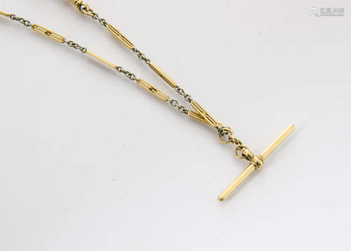 An 18ct gold bi colour watch chain, the flattened oval triple bar yellow gold links alternately