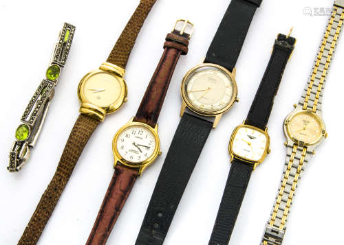 A group of five watches, one a gents Rotary, lacks back and AF, one marked Longines and others, plus