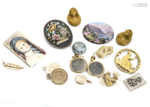 A small collection of 19th Century jewels, including a micro mosaic oval floral plaque, an enamel