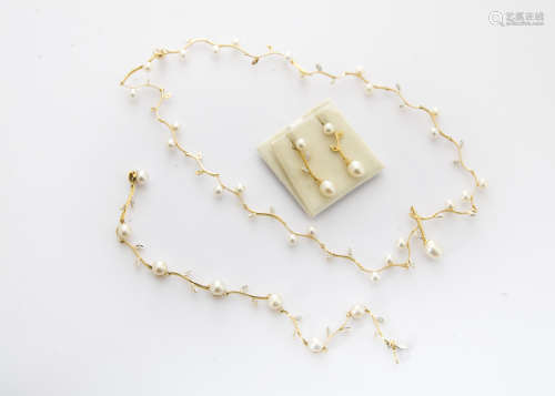 A suite of 18ct gold cultured pearl and diamond jewels by Mikura, comprising necklace, bracelet