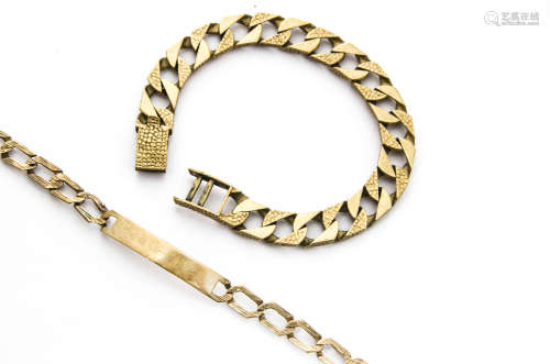 Two 1980s 9ct gold bracelets, one of flattened textured links, the other an identity bracelet,