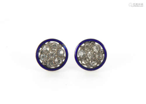 A pair of 19th Century silver and paste earrings, heightened with enamel border, AF, probably once