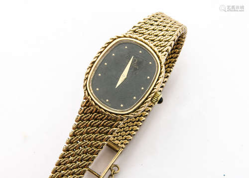 A modern Omega 9ct gold lady's cocktail wristwatch, 21mm case, oval black dial, manual movement