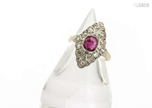 A certified ruby and diamond dress ring, the cushion mixed cut central Burma ruby surrounded in an