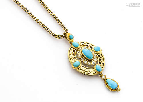 A 19th Century turquoise, diamond and gold oval drop pendant, in the Holbeinesque style, the oval