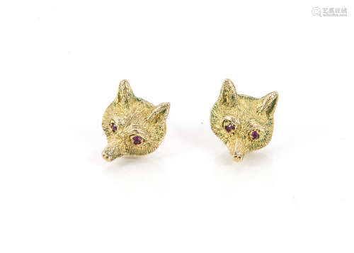 A pair of 1970s 9ct gold earrings, modelled as fox masks each with red stone eyes, 6.2g (2)