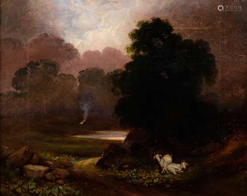 19th Century School landscape with woodland cattle, oil on canvas (55cm x 48cm)