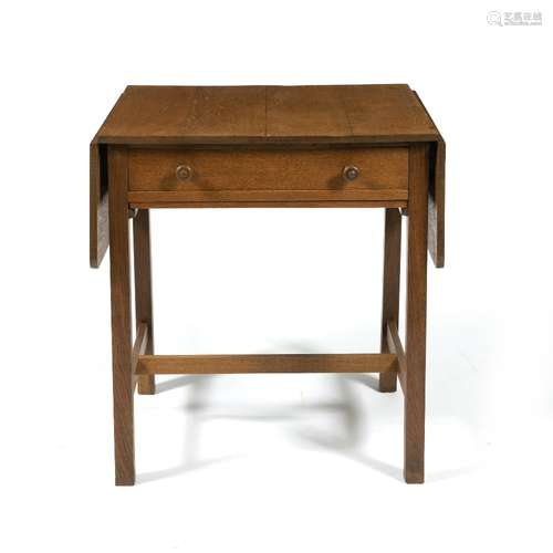 Heals oak work table two drop leaves and pull out frame on a single drawer, circa 1910, 120cm across