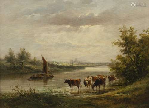 River scene with cathedral (19th Century) oil on canvas, indistinct signature to lower right,