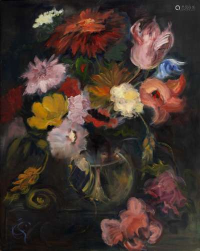 Michelle Carlton Smith large study of a vase of flowers in an ebonised frame, signed with