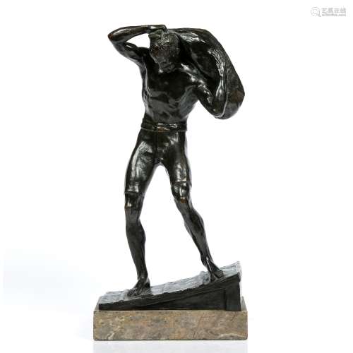 Austrian bronze figure circa 1900, the male figure holding a sack above one shoulder on a marble