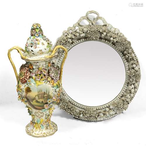 Coalbrookdale style two handled vase 19th Century, 46cm and a white Continental porcelain mirror,