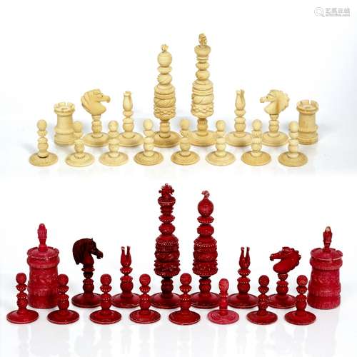 Composite group of stained ivory chess pieces circa 1900