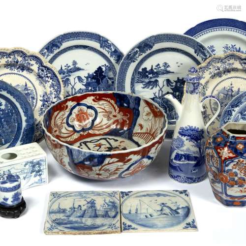 Group of ceramics to include two Delft tiles, pottery flower brick marked Oxford, various plates and