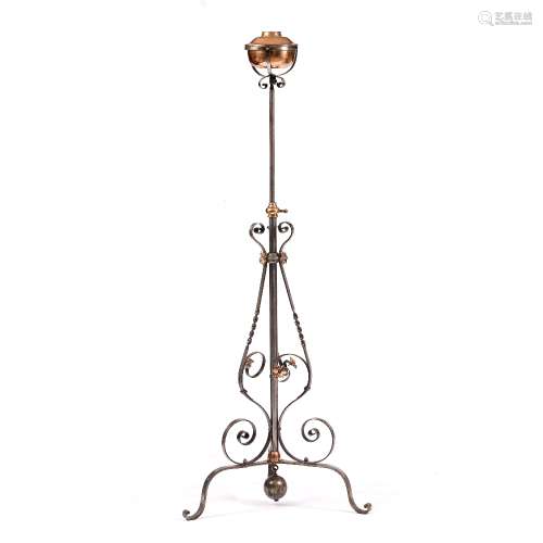 Arts & Crafts French standing lamp circa 1900, wrought iron and copper, 156cm high