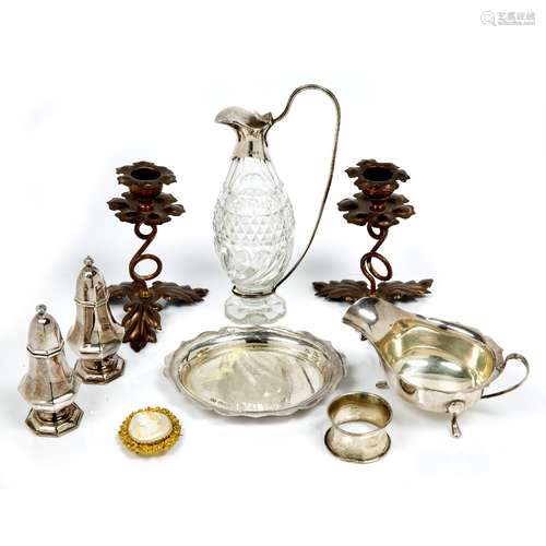 Small collection of silverware including sauce boat, pepper pots etc, 379 grams, together with cameo