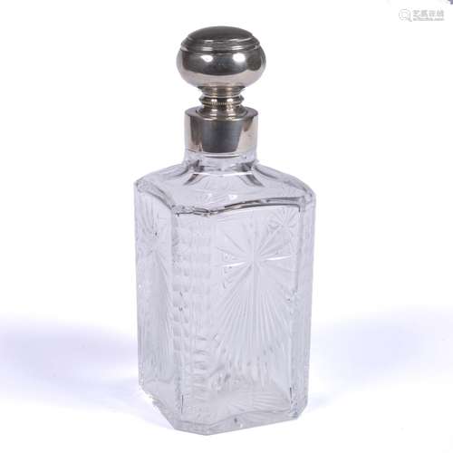 Cut glass decanter of square cut form with 800 white metal neck and stopper and a small Cairoware