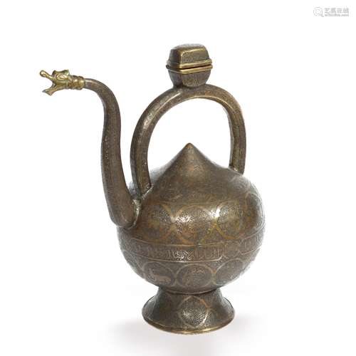 Safavid style engraved copper ewer with Koranic text and panels of animals, 17th Century style, 39cm