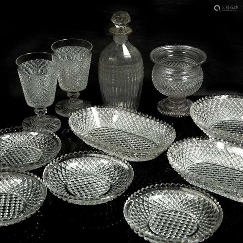 Small group of hobnail cut glassware including decanter and oval dishes