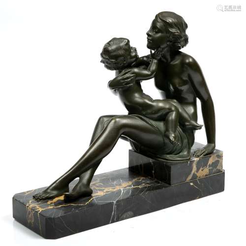 Claude Mirval Art Deco model of mother and child,bronze, on marble base, signed in the cast, 34.