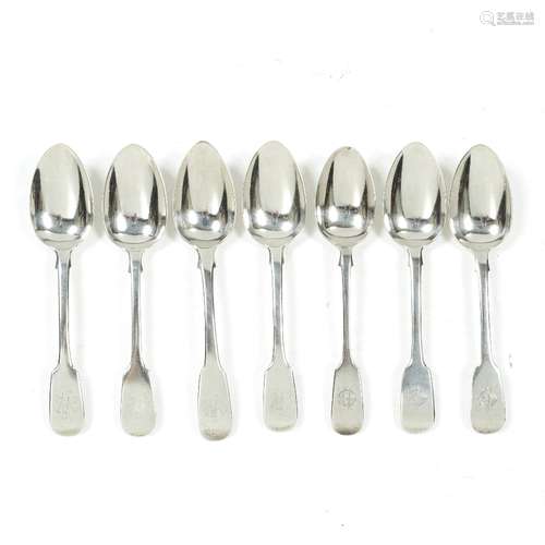 Collection of seven fiddle patterned dessert spoons all monogrammed, different dates and makers