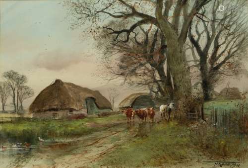 Henry Charles Fox (1855/60-1929) farm scene with cows, watercolour, signed lower right, framed and