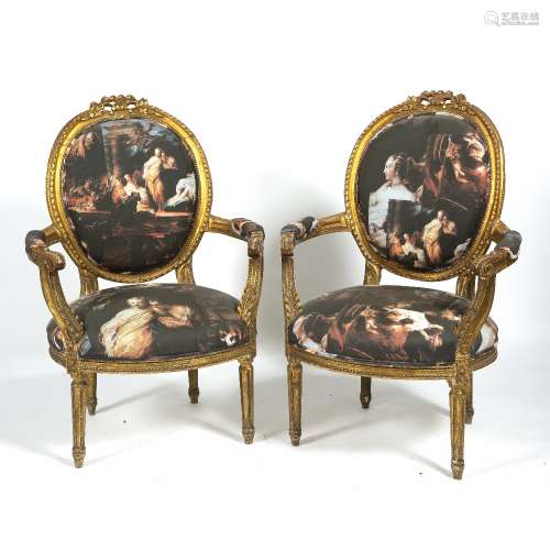Pair of French style giltwood armchairs with later Madame de Pompadour type upholstery