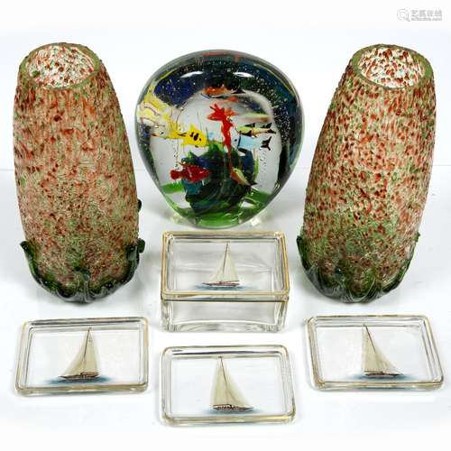 Pair of coloured cracked ice vases together with four painted glass trays depicting boats and a