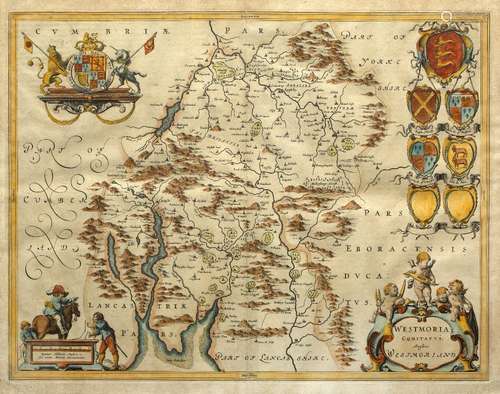 Map of Westmorland hand coloured engraving, framed and glazed, 56cm x 46cm