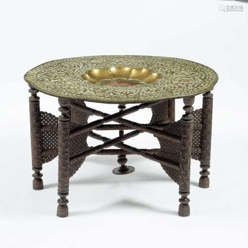 Indian metal tray top table brass with flower motif, with a detachable wooden carved base, the top