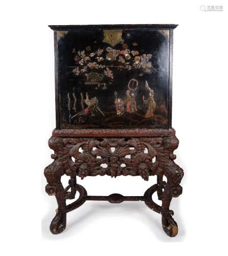 William and Mary Japanned cabinet on stand circa 1700, the front and sides of the cabinet