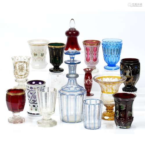 Group of Bohemian colour glassware to include decanters, vase and other items (16)