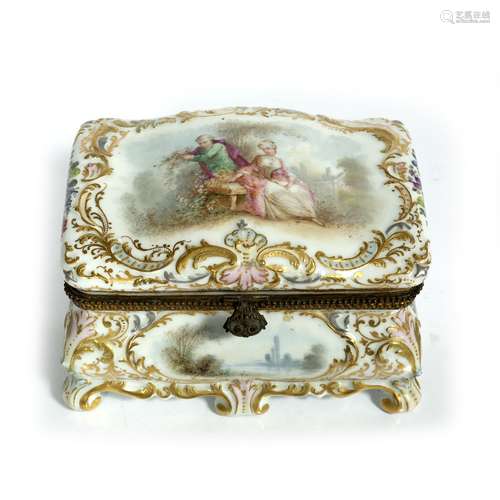 French porcelain table top casket painted with figure and other cartouche, 21cm across