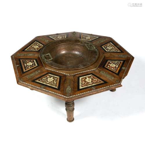 Spanish brazier table circa 1900, inlaid with ivory and tortoiseshell depicting eight different