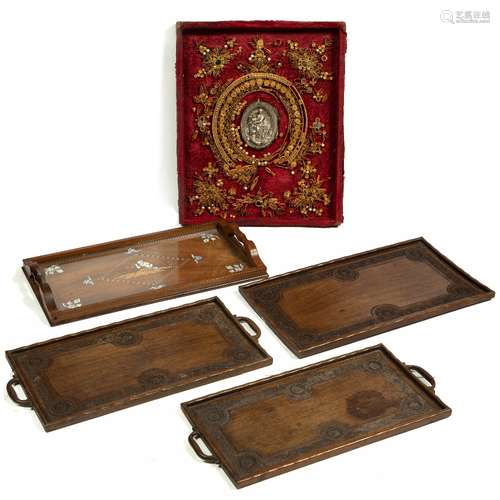 Indian inlaid tray 54cm, three hardwood Burmese trays and a curl paper panel (4)