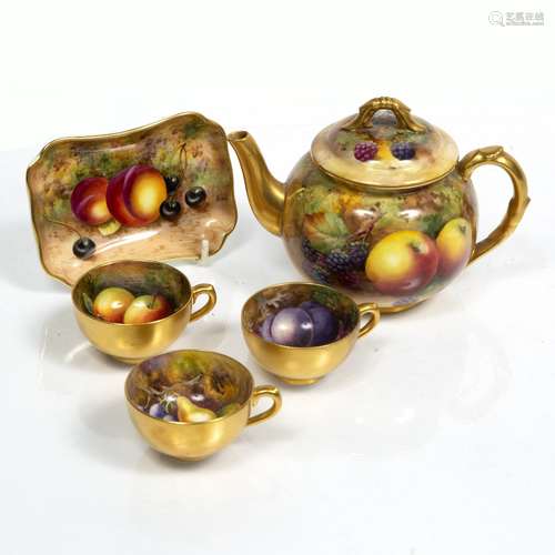 Royal Worcester small teapot painted with fruit by Price, a Royal Worcester pin tray and three