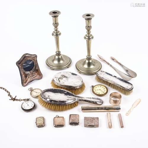Collection of silver and plated ware including a continental snuff box, cigar box, candlesticks,