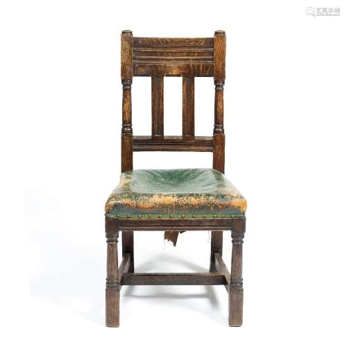 Oak and leather hall chair with original Liberty & Co of London label, 47cm across x 100cm high